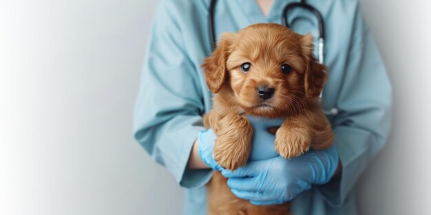 Foto dierarts in blauwe scrubs houdt voorzichtig een pluizige gouden puppy vast