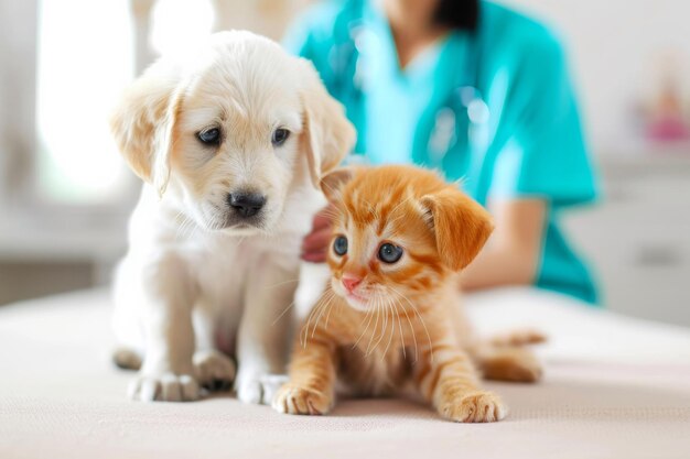 Dierarts zorgt voor controles en vaccinaties voor schattige puppy en kitten in de kliniek