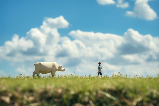 Dieren grazen in een weide een herder in de buurt en een hondje loopt rond Miniatuur gevoelde wereld