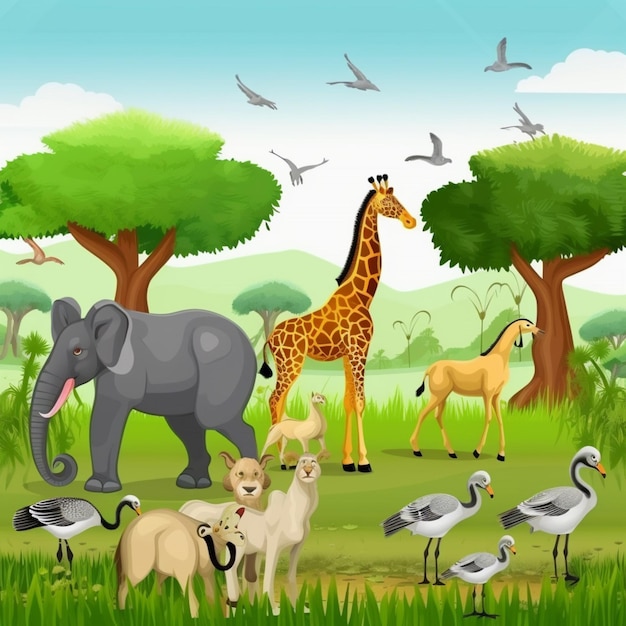 Dieren in de jungle met vogels