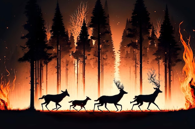 Dieren rennen weg voor bosbrand Natuurrampen Generatieve AI