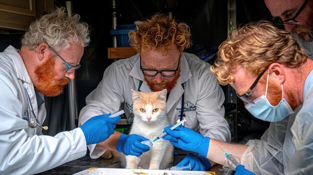 Foto dierenarts die de kat in zijn kantoor controleert