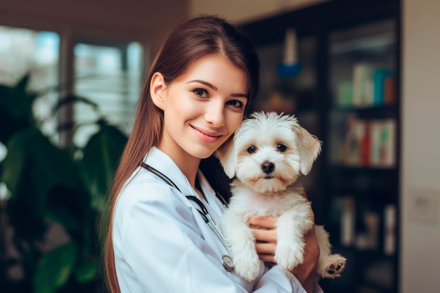 Foto dierenarts met hond in de armen