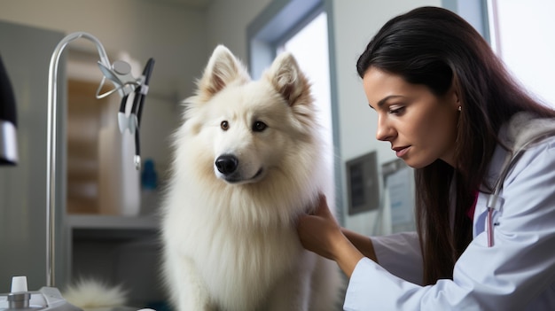 Dierenarts onderzoekt de hond in de kliniek Gemaakt met generatieve AI-technologie