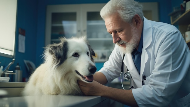 Dierenarts onderzoekt de hond in de kliniek Gemaakt met generatieve AI-technologie