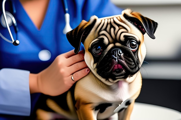 Dierenarts onderzoekt schattige pug dog in kliniek close-up Mooie pug dog bij de dierenarts