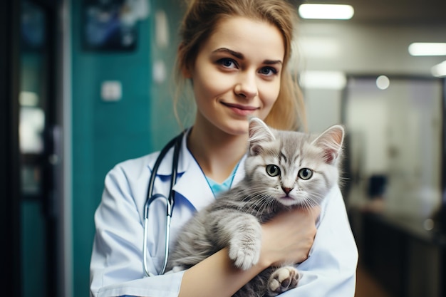 Dierenarts vrouw met schattige schattige grijze kat in dierenkliniek