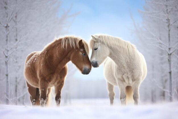 Dierenboerderij natuur wintermanen bruine sneeuw hengst witte paarden