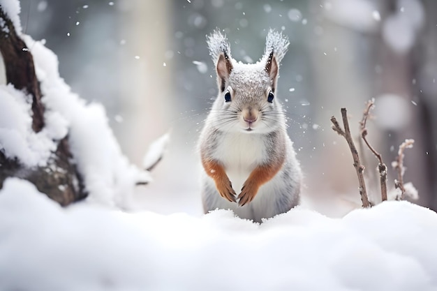 Dierenfoto's Grijze en witte eekhoorn op sneeuwbedekte grond