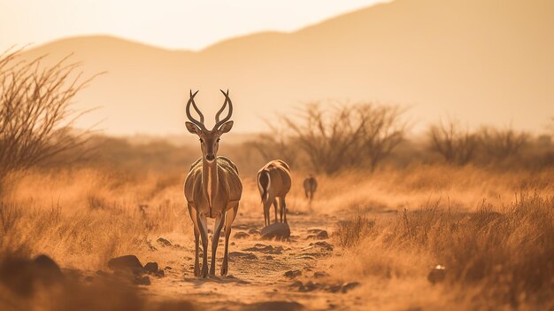 Dierenfotografie herten met natuurlijke achtergrond in de zonsondergang AI gegenereerde afbeelding