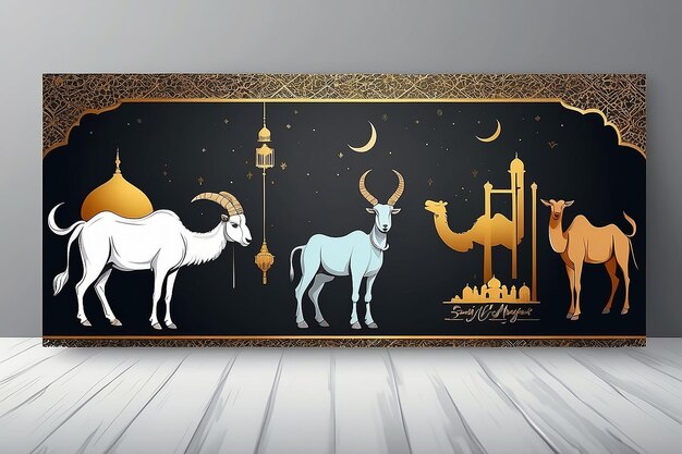 Foto dierenopofferingsbanner voor het islamitische feest van eid al-adha mubarak met geit, koe en kameel