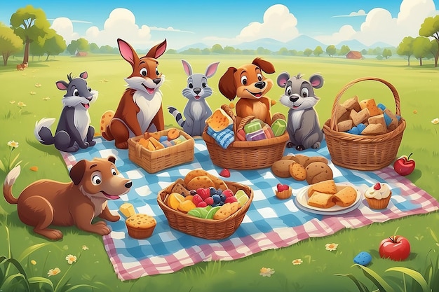 Dierenpicknick in het grasveld Illustratie