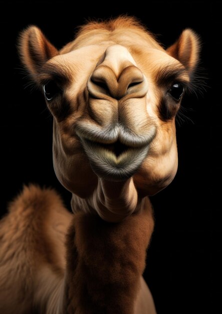 Dierenportret van een kameel op een donkere achtergrond conceptueel voor frame
