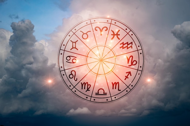 Dierenriemtekens binnenkant van horoscoopcirkel Astrologie aan de hemel met veel sterren en manen astrologie en horoscopen concept