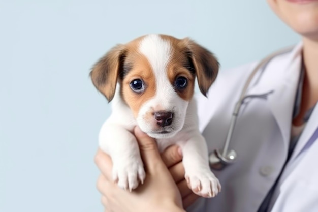 Diergeneeskundig onderzoek van honden Puppy in de handen van een arts in een dierenkliniek Gegenereerd door AI