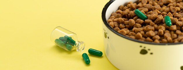 Dierlijk voedsel met tabletten in een kom. Vitaminen voor dieren. Katten behandelen.