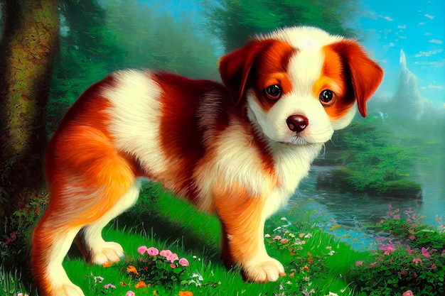 Dierlijke karakters voor tekenfilms Leuke emotionele puppy's Groene achtergrond met bloemen in het bos