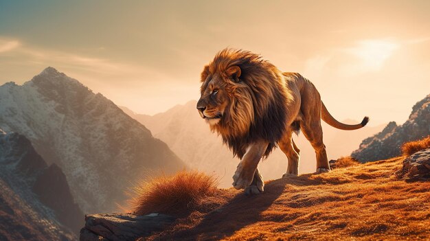 Dierlijke natuurfotografie leeuw met natuurlijke achtergrond in de zonsondergang AI gegenereerde afbeelding