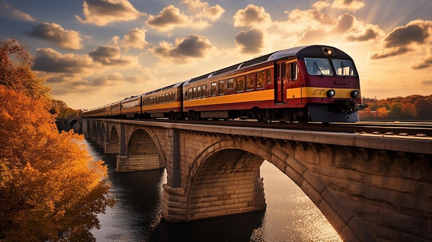 Diesel electric train on the arch bridge