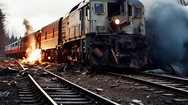 Foto il treno diesel è deragliato e si è schiantato contro una barriera in lontananza.