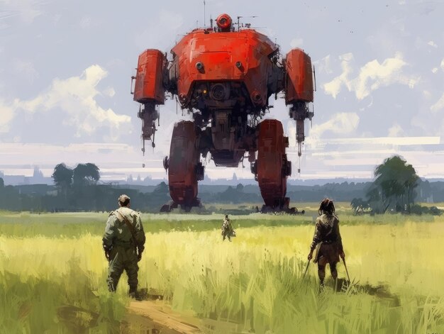 Photo dieselpunk landscape illustration art game assests background robots battler harvester