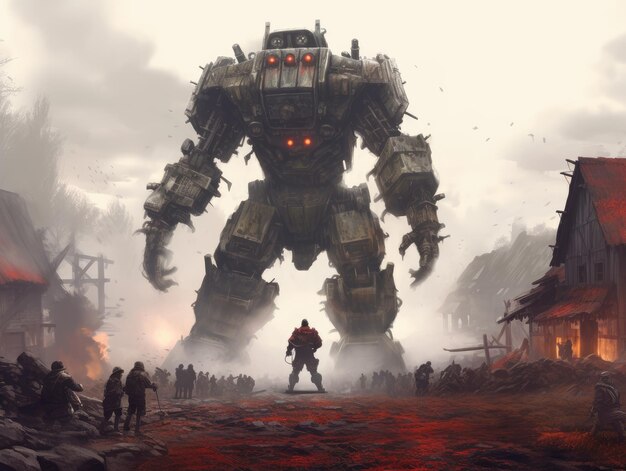 dieselpunk landscape illustration art game assests background robots battler harvester