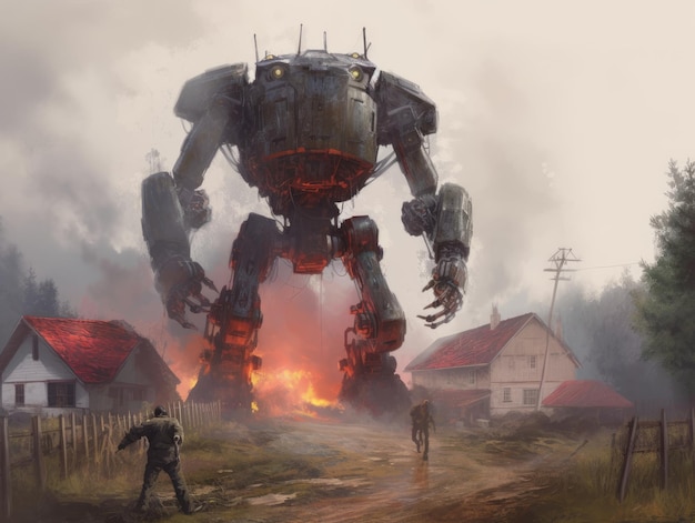 Photo dieselpunk landscape illustration art game assests background robots battler harvester