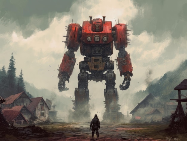 Photo dieselpunk landscape illustration art game assests background robots battler harvester