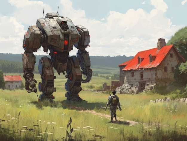 Photo dieselpunk landscape illustration art game assests background robots battler harvester