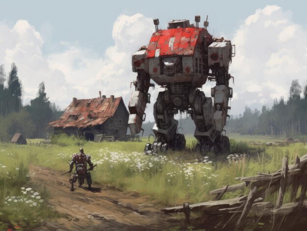 Photo dieselpunk landscape illustration art game assests background robots battler harvester