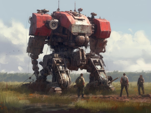 Foto il gioco d'arte dell'illustrazione del paesaggio dieselpunk assiste sullo sfondo della mietitrice del combattente dei robot