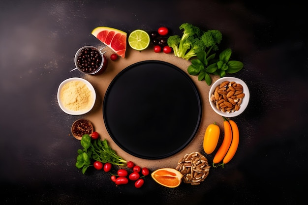 Концепция диеты Состав здоровой пищи на деревянной доске с пустой тарелкой, сгенерированной AI