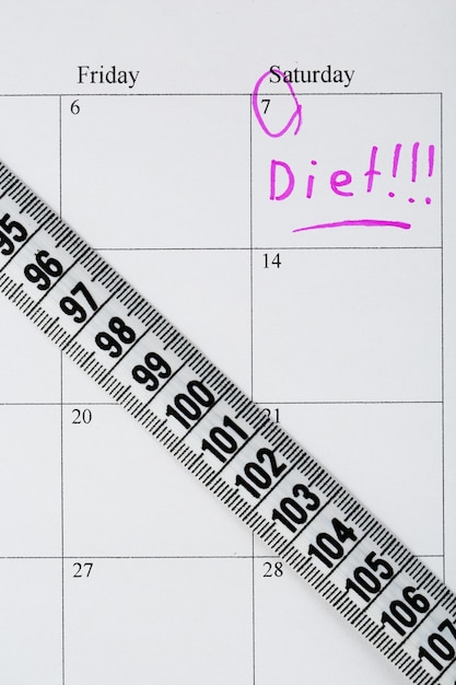 Diet concept measure tape on calendar close up