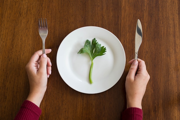 Photo diet concept. one green vegetable on an empty white plate with woman hands, celery on wood table healthy