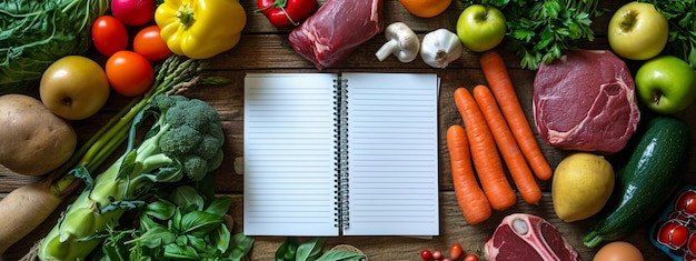 diet concept weight loss plan notebook with vegetables top view mockup