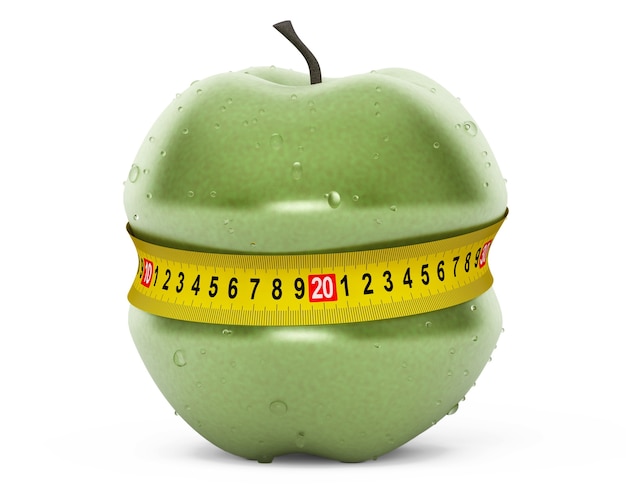 Photo diet concept. wet green apple with yellow measuring tape on a white background