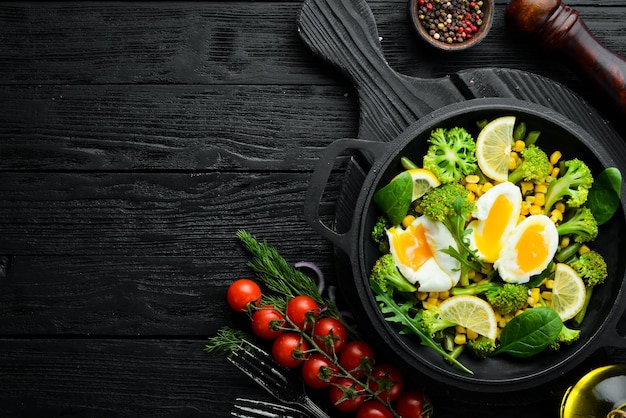 Diet food Boiled vegetables and boiled egg in a frying pan Rustic style Top view Free space for your text