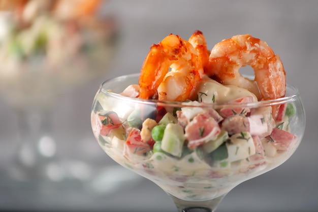 Diet food. Fresh vegetable salad with shrimps.