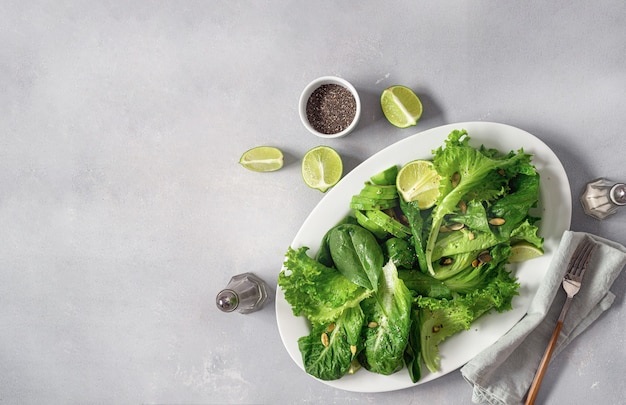 Diet green salad plate top view