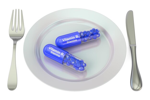 Diet and healthy meal concept Plate with vitamin B1 capsules 3D rendering