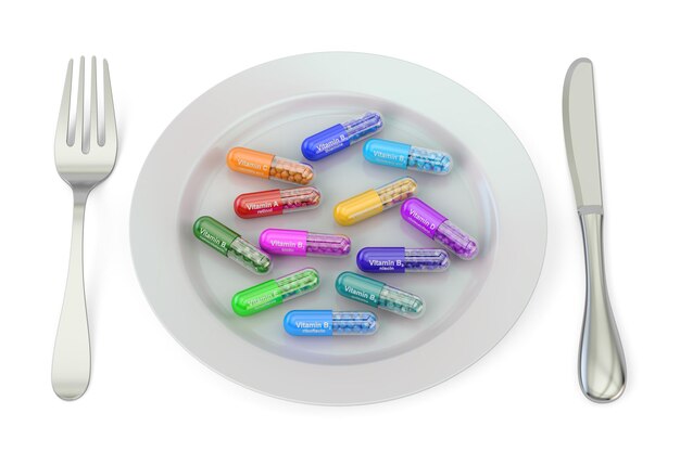 Photo diet and healthy meal concept plate with vitamin capsules 3d rendering