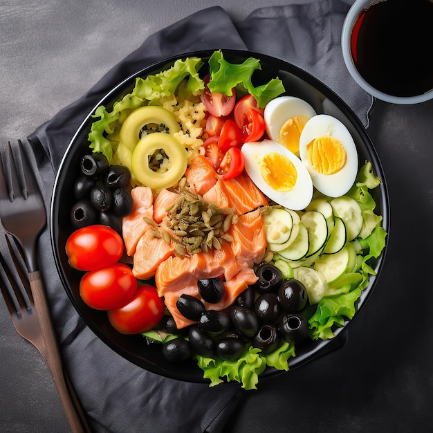 Diet lunch bowl with salted salmon fish cucumber olives tomatoes green lettuce Genrative AI