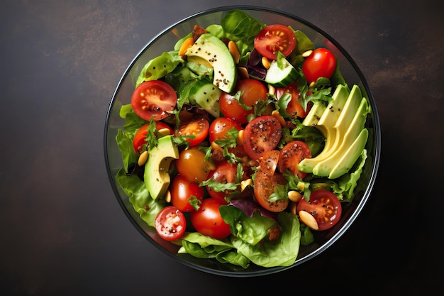 Diet menu Healthy salad bowl of fresh vegetables tomatoes avocado arugula radish and seeds on a