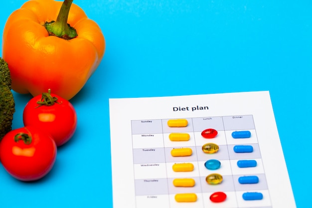 Diet plan, for weight loss pills and fresh vegetables on blue.