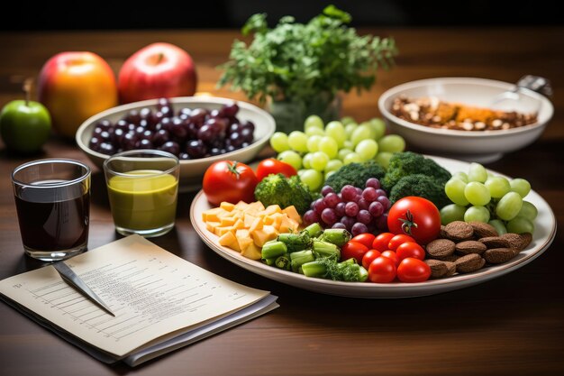 Foto piano di dieta con alimenti nutrienti e sani fotografia alimentare pubblicitaria professionale