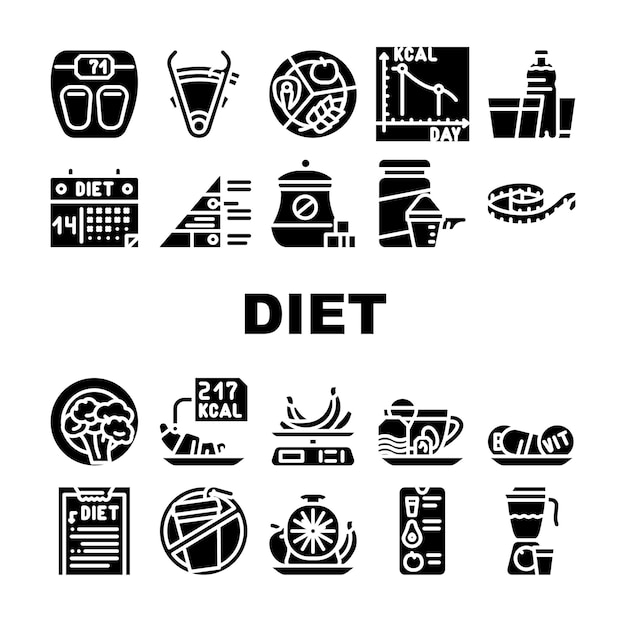 Photo diet products and tool collection icons set vector vegetarian diet and description fat burning tea and smoothie drink flexible meter and caliper glyph pictograms black illustrations