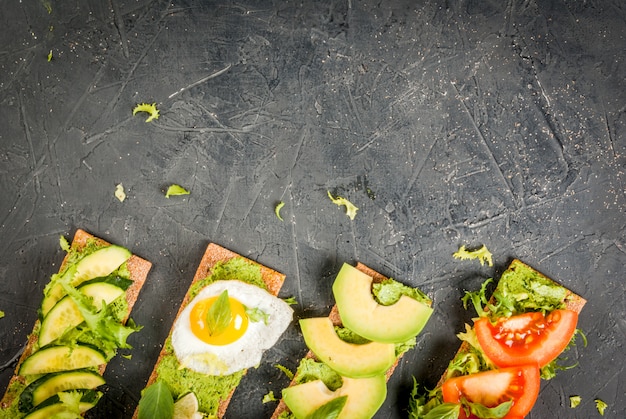 Diet sandwiches with guacamole and fresh vegetables