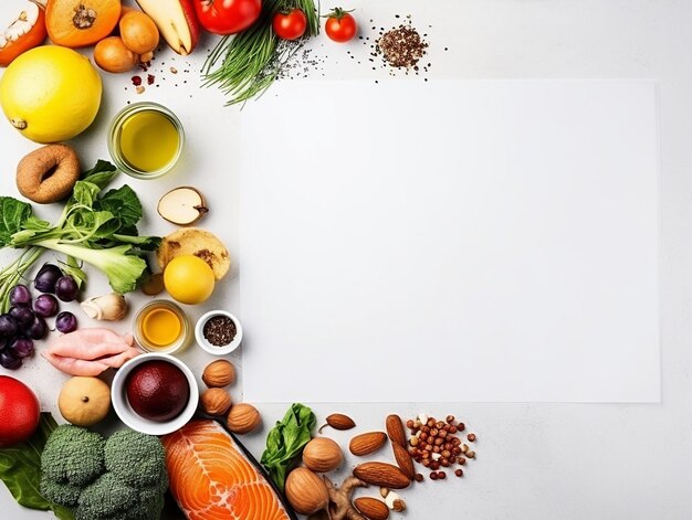 Diet sheet and different healthy foods copy space generated ai