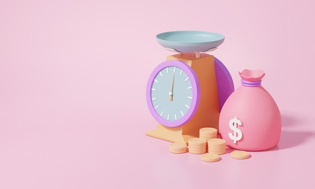 Diet weighing scales idea shopping market finance business investment eduacation with stack coins bag isometric cartoon minimal on pink background 3d render illustration