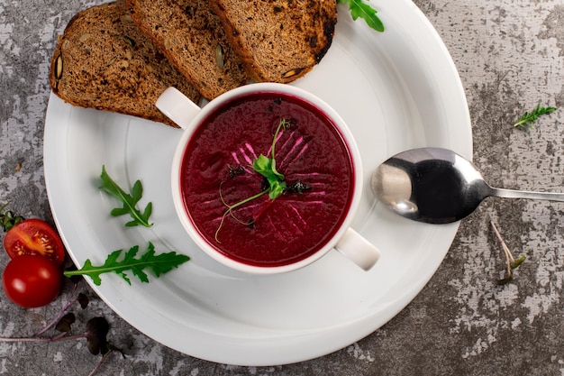 Dietary healthy red beet cream soup Detox menu Vegan cuisine